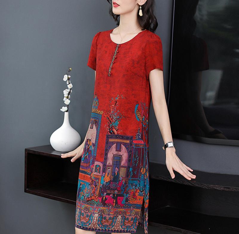  Váy Đầm Lụa Hè Trung Niên Cổ Tròn Giản Dị VH02 - Hàng Quảng Châu Cao Cấp