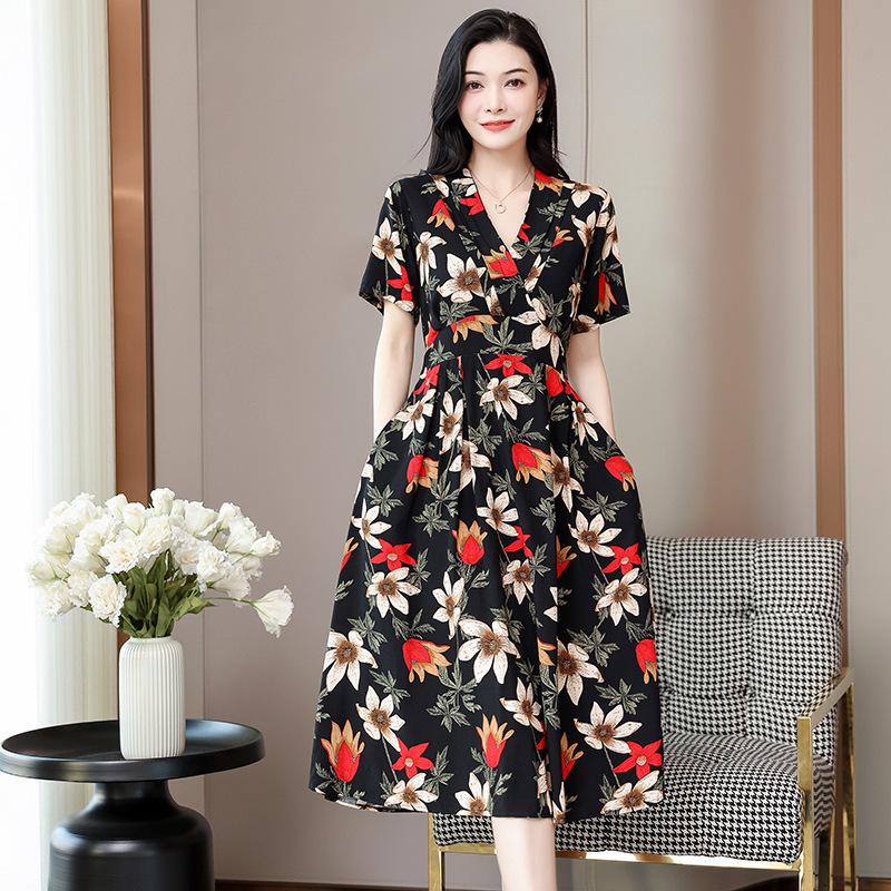 Váy Cotton Lụa Mềm Mát  Cổ V In Hoa Thanh Lịch VH06 - Hàng Quảng Châu Cao Cấp