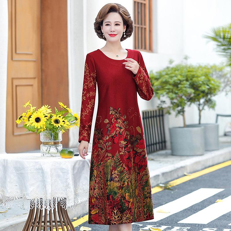 (HÀNG SẴN) Váy Dài Tay Mùa Thu Cho Mẹ VH35 - Hàng Quảng Châu Cao Cấp